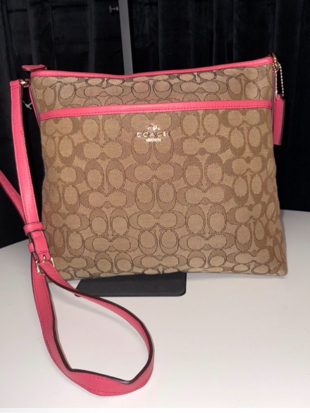 Coach Tan Signature Crossbody with Pink Trim